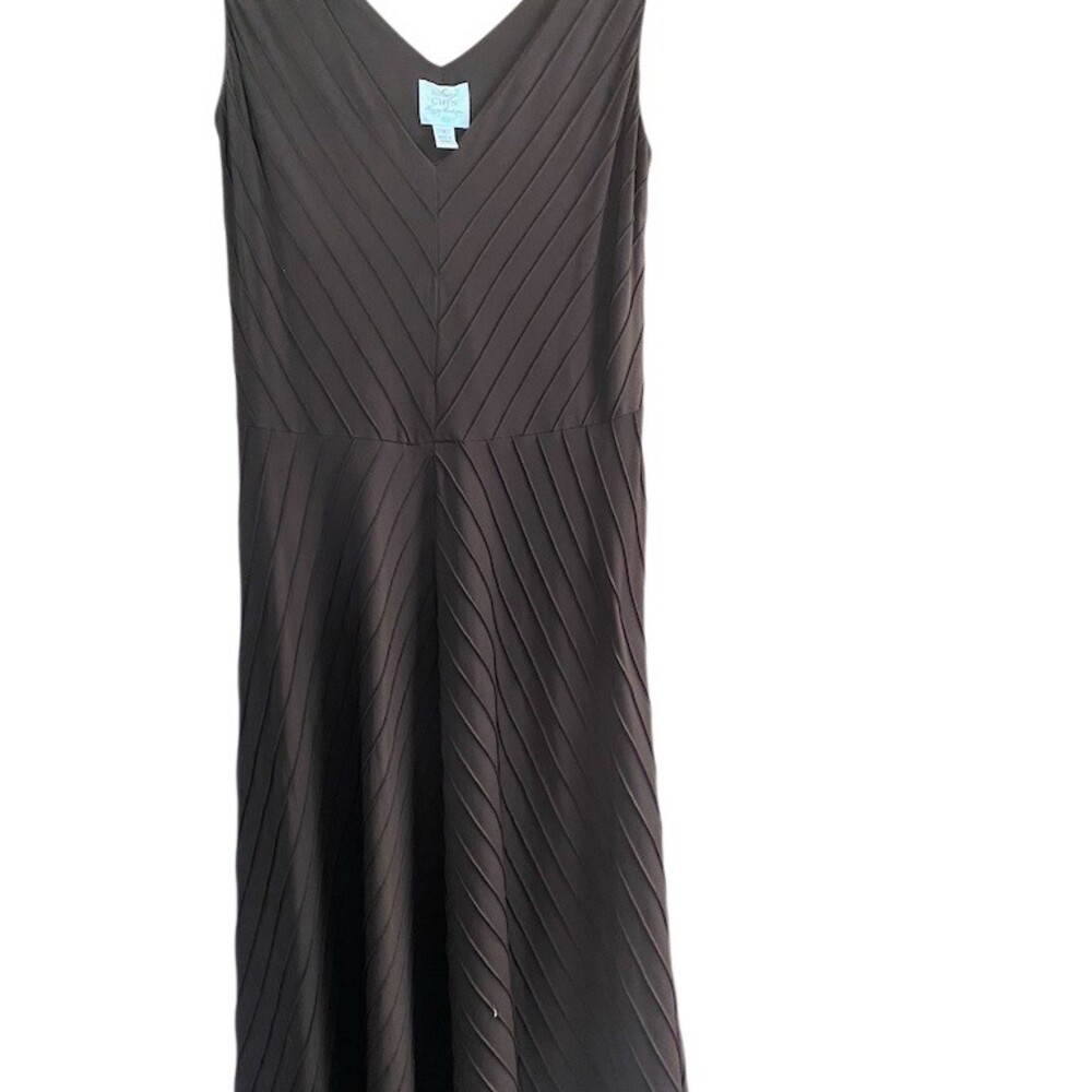 Suzi Chin Maggie Boutique Dress Womens Size 4 Brown Pleated V-Neck Midi